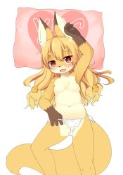 Rule 34 | 1girl, animal ears, arm up, armpits, bell, borrowed character, breasts, brown hair, commentary request, fang, fox ears, fox tail, fundoshi, fundoshi pull, furry, furry female, hair ornament, highres, japanese clothes, jingle bell, kida kuro mu, koko (kishibe), long hair, lying, navel, no nipples, no pants, on back, open mouth, original, pillow, pulled by self, red eyes, simple background, small breasts, smile, solo, tail, topless, white background, yes-no pillow