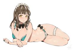 Rule 34 | 1girl, aqua bra, aqua nails, aqua panties, ass, bad id, bad pixiv id, bare arms, bare legs, bare shoulders, blunt bangs, blush, bra, breasts, brown eyes, brown hair, cleavage, closed mouth, collarbone, detached collar, frilled bra, frilled panties, frills, hairband, highres, kannagi shiori, large breasts, long hair, looking at viewer, lying, maid headdress, nail polish, navel, on side, on stomach, panties, school girl strikers, sidelocks, signature, simple background, solo, stomach, thigh strap, thighs, underwear, underwear only, uni (melm), wavy hair