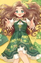 Rule 34 | 1girl, blush, breasts, brown hair, dot nose, dress, earrings, floral print, flower, frilled shirt, frills, from above, green dress, green eyes, hair flower, hair ornament, idolmaster, idolmaster cinderella girls, idolmaster cinderella girls starlight stage, jewelry, jigsaw puzzle, kahiika, knee up, kusakabe wakaba, long hair, long sleeves, looking at viewer, lying, on back, open hands, open mouth, print dress, puzzle, reaching, reaching towards viewer, shirt, small breasts, smile, solo, thick eyebrows, wavy hair, white shirt, yellow background, yellow flower