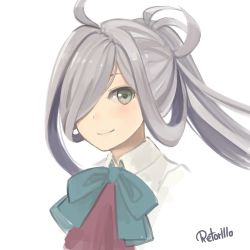 Rule 34 | 10s, 1girl, ahoge, artist name, asashimo (kancolle), asymmetrical hair, bow, bowtie, grey eyes, grey hair, hair over one eye, highres, kantai collection, looking at viewer, retorillo, simple background, smile, solo, white background