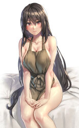 Rule 34 | 1girl, apron, bare arms, bare shoulders, black hair, blush, breasts, brown apron, cleavage, closed mouth, collarbone, commentary request, hair between eyes, highres, kantai collection, kokuzou, large breasts, long hair, looking at viewer, nagato (kancolle), naked apron, red eyes, sitting, solo, thighs