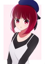 Rule 34 | 1girl, :o, absurdres, arima kana, beret, black shirt, blue hat, blush, bob cut, border, hat, highres, inverted bob, looking at viewer, medium hair, nm (blue-rapid), open mouth, oshi no ko, overalls, pink background, red eyes, red hair, shirt, solo, white background, white border, white overalls