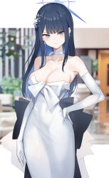 Rule 34 | 1girl, black hair, blue archive, blue eyes, blue halo, blush, breasts, choker, cleavage, closed mouth, commentary, cowboy shot, dress, earrings, elbow gloves, gloves, halo, hand on own hip, highres, isegawa yasutaka, jewelry, large breasts, long hair, looking at viewer, official alternate costume, saori (blue archive), saori (dress) (blue archive), solo, white choker, white dress, white gloves