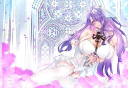 Rule 34 | 1girl, bare shoulders, breasts, bridal gauntlets, bridal veil, camilla (fire emblem), cleavage, closed mouth, commission, dress, fire emblem, fire emblem fates, garter straps, gem, gotou fundoshi, hair over one eye, highres, large breasts, long hair, nintendo, purple eyes, purple gemstone, purple hair, purple petals, see-through, see-through cleavage, skeb commission, smile, solo, stained glass, thighhighs, veil, white bridal gauntlets, white dress, white garter straps, white thighhighs