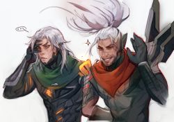 Rule 34 | ..., 2boys, beard, facial hair, grey background, grin, hand up, highres, league of legends, long hair, male focus, multiple boys, ponytail, project: varus, project: yasuo, red eyes, scar, scar on face, sharp armpits, simple background, smile, sparkle, speech bubble, teeth, upper body, varus, yasuo (league of legends)
