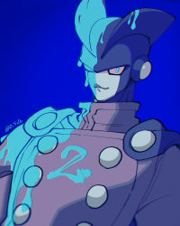 Rule 34 | 1boy, ;p, blue background, blue eyes, blue theme, cape, commentary request, cream, cream on face, dragon ball, dragon ball super, dragon ball super super hero, food, food on face, gamma 2, highres, jacket, looking at viewer, male focus, one eye closed, simple background, smile, solo, superhero costume, tongue, tongue out, twitter username, upper body, zero-go