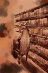 Rule 34 | 1girl, absurdres, bad id, bad pixiv id, book, bookshelf, chair, crescent, female focus, from behind, hat, highres, library, monochrome, nekobu, nekonote (neconote), orange theme, patchouli knowledge, profile, sitting, solo, touhou, voile