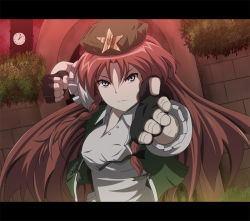 Rule 34 | 1girl, anime coloring, blue eyes, braid, clenched hand, clock, collared shirt, female focus, fighting stance, fingerless gloves, gloves, hat, hong meiling, inoshira, letterboxed, long hair, outdoors, red hair, shirt, solo, touhou, twin braids, upper body