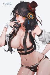 Rule 34 | 1girl, ahoge, areola slip, armpits, bare shoulders, belt, belt bra, bikini, bikini bottom only, black bikini, black hair, breasts, brown hat, cleavage, collarbone, commission, cowboy shot, detached sleeves, drooling, elsword, eve (2nas) (elsword), eve (elsword), finger to mouth, hair ornament, hair over shoulder, hand up, hat, highres, large breasts, long hair, looking at viewer, low twintails, multiple belts, navel, open mouth, sabi (ghke4333), second-party source, short sleeves, simple background, smile, solo, standing, stomach, swimsuit, tilted headwear, tongue, tongue out, top hat, twintails, white background