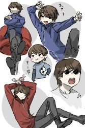 Rule 34 | 1boy, black eyes, black footwear, black pants, blue jacket, boots, brown hair, chair, chibi, commentary request, crossed arms, crossed legs, double v, fighting stance, full body, grey background, highres, jacket, jiz (pffbq), kiyo (youtuber), long sleeves, looking to the side, male focus, multiple views, pants, real life, red jacket, round eyewear, short hair, sitting, standing, standing on one leg, sunglasses, translation request, v