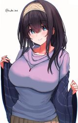 Rule 34 | 1girl, black hair, blue eyes, blue shawl, blush, breasts, brown skirt, closed mouth, collarbone, cowboy shot, dot nose, double-parted bangs, hair between eyes, hair over shoulder, hairband, highres, idolmaster, idolmaster cinderella girls, idolmaster cinderella girls starlight stage, jewelry, large breasts, light smile, long hair, long sleeves, looking at viewer, necklace, pleated skirt, rufei bot, sagisawa fumika, shawl, sidelocks, simple background, skirt, solo, straight hair, twitter username, white background, white hairband
