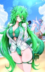 1girl absurdres arms_behind_back beach blue_sky breasts cellphone claws cleavage cloud collarbone commentary_request day dragon_girl dragon_horns dragon_tail energy_sword fighting g_(genesis1556) glasses green_eyes green_hair green_one-piece_swimsuit green_tail groin hair_between_eyes heterochromia highres holding holding_phone horns karutia_(g_(genesis1556)) large_breasts lens_flare lightsaber long_hair looking_at_viewer monster_girl ocean one-piece_swimsuit orca original outdoors parted_lips partially_unbuttoned phone red_eyes semi-rimless_eyewear shark sharktopus shirt sidelocks skindentation sky smartphone smile solo_focus standing swimsuit swimsuit_under_clothes sword tail thigh_strap under-rim_eyewear very_long_hair weapon wet wet_clothes wet_shirt white_shirt