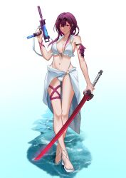 Rule 34 | 1girl, absurdres, alternate costume, barefoot, bikini, breasts, cleavage, closed mouth, commentary request, eyewear on head, highres, holding, holding sword, holding water gun, holding weapon, honkai: star rail, honkai (series), kafka (honkai: star rail), katana, large breasts, navel, purple eyes, purple hair, round eyewear, sandals, sarong, smile, solo, stomach, sunglasses, swimsuit, sword, uko 0817, water, water gun, weapon, white background, white bikini, white footwear