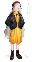 Rule 34 | 1girl, absurdres, aqua eyes, black footwear, black jacket, boots, closed mouth, dress, grey hair, hair over one eye, highres, isekai joucho, isshiki (ffmania7), jacket, kamitsubaki studio, leather, leather jacket, legs, long hair, looking at viewer, red headwear, shirt, signature, simple background, solo, standing, virtual youtuber, white background, white shirt, yellow dress