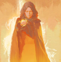 Rule 34 | 1girl, brown hair, cape, cloak, closed mouth, elden ring, fire, highres, hood, hooded cape, hooded cloak, looking at viewer, medium hair, melina (elden ring), one-eyed, one eye closed, outstretched hand, rocher-hd, scar, scar across eye, standing, yellow eyes