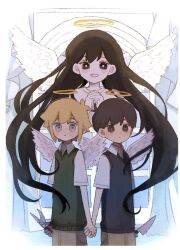 Rule 34 | 1girl, 2boys, angel wings, basil (faraway) (omori), basil (omori), black eyes, black hair, blonde hair, blue eyes, crying, crying with eyes open, green sweater vest, halo, highres, holding, holding knife, knife, long hair, mari (faraway) (omori), mari (omori), mugi062, multiple boys, omori, open mouth, short hair, smile, spoilers, sunny (omori), sweater vest, tears, wings