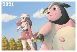 Rule 34 | 1girl, 2021, beanie, black hair, boots, border, cloud, coat, commentary request, creatures (company), dawn (pokemon), day, eyelashes, from below, game freak, gen 2 pokemon, grey eyes, hair ornament, hairclip, hat, highres, long hair, long sleeves, miltank, nengajou, new year, nintendo, open mouth, outdoors, over-kneehighs, pink footwear, pokemon, pokemon (creature), pokemon dppt, pokemon platinum, sawa (soranosawa), scarf, sidelocks, sky, smile, standing, thighhighs, tongue, tree, white border, white headwear, white scarf, white thighhighs