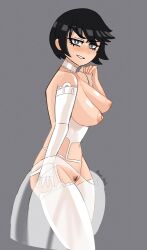 Rule 34 | 1girl, axel hell, black hair, blush, choker, collarbone, danganronpa: trigger happy havoc, danganronpa (series), ears, eyebrows, eyelashes, feet out of frame, female focus, female pubic hair, functionally nude, gloves, grey background, grey eyes, grin, hand on own hip, hand up, highres, ikusaba mukuro, lingerie, long glove, looking at viewer, nipples, one glove, open mouth, pointy breasts, pubic hair, short hair, shoulder gloves, simple background, smile, solo, standing, teeth, thighhighs, underwear, white choker, white footwear, white gloves