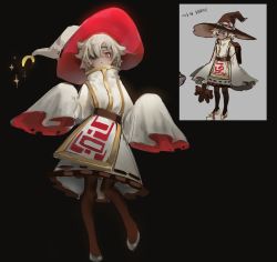 Rule 34 | 1girl, absurdres, backpack, bag, belt, black background, brown bag, brown belt, brown headwear, brown pantyhose, closed mouth, crescent, crescent hat ornament, dark-skinned female, dark skin, dress, english text, enn matien, eyepatch, frilled dress, frills, grey footwear, grey hair, grey headwear, grey pupils, hat, hat ornament, highres, holding, holding stuffed toy, large hat, multicolored clothes, multiple views, original, pantyhose, parted lips, photo-referenced, red eyes, red headwear, reference photo, short hair, simple background, sleeves past fingers, sleeves past wrists, sparkle, standing, standing on one leg, stuffed animal, stuffed toy, teddy bear, torn, torn clothes, triangle mouth, two-tone headwear, witch, witch hat, yellow footwear