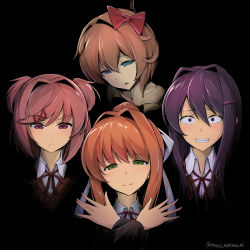 Rule 34 | 4girls, album cover, album cover redraw, bohemian rhapsody, bow, brown hair, commentary, constricted pupils, cover, crossed arms, death, derivative work, doki doki literature club, double bun, empty eyes, english commentary, green eyes, hair bow, hair bun, hair intakes, hair ornament, hair ribbon, hairclip, highres, light smile, looking at viewer, lyrics, maullarmaullar, monika (doki doki literature club), multiple girls, natsuki (doki doki literature club), noose, parody, pink eyes, pink hair, ponytail, purple eyes, purple hair, queen (band), ribbon, rope, sayori (doki doki literature club), school uniform, spoilers, suicide, swept bangs, x hair ornament, yandere, yuri (doki doki literature club)