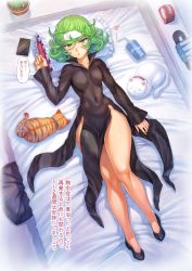 Rule 34 | 1girl, absurdres, bed, bed sheet, black dress, blush, breasts, cat, cellphone, collarbone, curly hair, curvy, dress, female focus, full body, green eyes, green hair, highres, indoors, legs, long sleeves, lying, medium breasts, medium hair, mogudan, on bed, one-punch man, phone, pillow, shiny skin, solo, tatsumaki, text focus, thick thighs, thighs, translation request