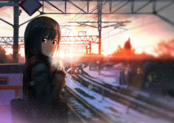 Rule 34 | 1girl, akaitera, bad id, bad pixiv id, bag, black hair, blue eyes, can, holding, long hair, looking at viewer, original, railroad tracks, scarf, smile, snowing, solo, standing, sunlight, twilight