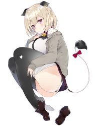 Rule 34 | 1girl, animal ears, artist name, bell, black pantyhose, blonde hair, blush, bow, breasts, brown footwear, cardigan, clothes pull, collar, commentary, cow ears, cow girl, cow tail, full body, highres, jingle bell, kou mashiro, large breasts, loafers, looking at viewer, neck bell, original, pantyhose, pantyhose pull, purple eyes, red bow, shirt, shoes, unworn shoes, short hair, single shoe, sleeves past wrists, smile, solo, tail, tail bow, tail ornament, thighs, transparent background, white shirt