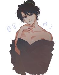 Rule 34 | 1girl, arm under breasts, bare shoulders, black hair, black lips, breasts, brown eyes, cleavage, collarbone, cropped torso, dated, hair between eyes, hair bun, hand up, highres, japanese clothes, kimono, komagata yumi, large breasts, lipstick, long hair, looking at viewer, makeup, off shoulder, okurase, parted lips, pearl hair ornament, red nails, rurouni kenshin, simple background, solo, upper body, white background