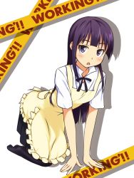 Rule 34 | 1girl, all fours, apron, black thighhighs, blush, caution tape, copyright name, long hair, looking at viewer, mohya, no shoes, open mouth, purple eyes, purple hair, simple background, skirt, solo, thighhighs, tsurime, waitress, white background, working!!, yamada aoi