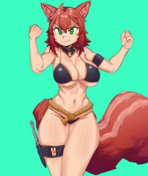 Rule 34 | animal ears, arm strap, arms up, bandage on face, bandages, bikini, breasts, gold trim, green background, green eyes, gs16 (chug), highres, insignia, jourjii, large breasts, large tail, original, red hair, rope, rope belt, skindentation, squirrel ears, squirrel girl, squirrel tail, swimsuit, tail, thick thighs, thigh strap, thighs