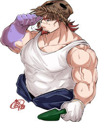 Rule 34 | 1boy, absurdres, bags under eyes, bara, boogeyman (housamo), brown hair, colored skin, covered abs, cropped torso, facial hair, gardener, gardening, goatee, half-closed eyes, highres, long sideburns, looking ahead, male focus, mask lift, mature male, multicolored hair, muscular, muscular male, mustache stubble, pectoral cleavage, pectorals, pontaro, purple skin, red eyes, scar, scar on face, sideburns, solo, strongman waist, stubble, sweat, tank top, thick eyebrows, tokyo houkago summoners, two-tone hair, veins, veiny arms, white tank top