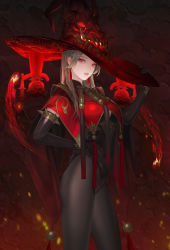 Rule 34 | absurdres, armlet, commentary, daeho cha, earrings, elbow gloves, english commentary, fire, gloves, hat, highres, incredibly absurdres, jewelry, lips, long hair, magic, monster, original, pantyhose, red eyes, red hat, solo, spiked armlet, standing, tassel, tassel earrings, witch hat