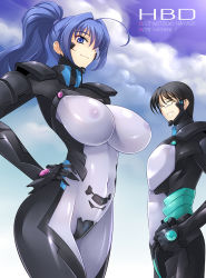 Rule 34 | 1boy, 1girl, ^ ^, breasts, closed eyes, glasses, haganef, hand on own hip, hayase mitsuki, large breasts, muv-luv, muv-luv alternative, nipples, one eye covered, see-through, skin tight, smile