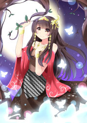 Rule 34 | 1girl, blush, bracelet, brown eyes, brown hair, brown skirt, bug, butterfly, closed mouth, commentary, copyright request, detached sleeves, english commentary, full moon, hair ornament, hand on own chest, hands up, highres, ikazu401, insect, jewelry, leaf, long hair, long sleeves, moon, necklace, skirt, smile, solo, standing, tiara, unmoving pattern, wide sleeves