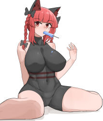 Rule 34 | 1girl, absurdres, animal ears, black bow, blunt bangs, bow, braid, breasts, cat ears, covered navel, food, hair bow, hand up, highres, kaenbyou rin, large breasts, mata (matasoup), mouth hold, popsicle, red eyes, red hair, sitting, solo, spread legs, touhou, twin braids, wariza