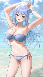 Rule 34 | 1girl, absurdres, armpits, arms up, beach, bikini, blue bikini, blue hair, blush, breasts, cleavage, collarbone, commentary, highres, idolmaster, idolmaster shiny colors, large breasts, long hair, looking at viewer, navel, o-ring, o-ring bikini, outdoors, own hands together, pdal (pdalhhh), presenting armpit, purple eyes, side-tie bikini bottom, smile, solo, stomach, straight hair, strapless, strapless bikini, suzuki hana, swimsuit, very long hair