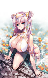 Rule 34 | 1girl, bare shoulders, blue eyes, blush, breasts, britomart (fate), britomart (final ascension) (fate), cleavage, double bun, fate/grand order, fate (series), gold trim, grey hair, hair bun, hairband, highleg, highleg swimsuit, highres, large breasts, long hair, looking at viewer, matsuryuu, one-piece swimsuit, pointy ears, smile, solo, swimsuit, thighs, twintails, water, wet, white one-piece swimsuit, yellow one-piece swimsuit