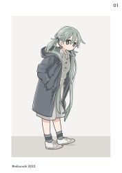 Rule 34 | 1girl, alternate costume, black coat, black eyes, blue hair, blush, bright pupils, closed mouth, coat, east sha2, full body, grey socks, hands in pockets, hatsune miku, highres, long hair, looking at viewer, shoes, sneakers, socks, solo, twintails, vocaloid, white footwear, white pupils