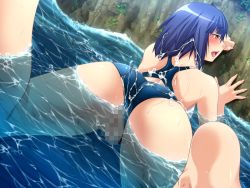 Rule 34 | 10s, 1girl, against wall, aku no onna kanbu, ass, blue hair, blush, bukkake, censored, clothing aside, cum, cum on clothes, cum on hair, feet, female focus, from behind, game cg, kaguya tsukikage, lune (company), pussy, swimsuit, swimsuit aside, water, wet