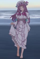 1girl barefoot beach breasts crescent crescent_hat_ornament dress expressionless frilled_dress frills full_body hat hat_ornament hatakenaka_(kamagabuchi) highres horizon large_breasts long_hair looking_at_viewer mob_cap ocean patchouli_knowledge purple_eyes purple_hair skirt_hold sky solo standing toes touhou