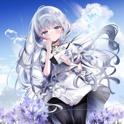 Rule 34 | 1girl, blue eyes, blue sky, blunt ends, blush, chi no, closed mouth, cloud, cloudy sky, eyelashes, flower, hair ornament, hairclip, highres, long hair, looking at viewer, naruse shiroha, shirt, short sleeves, sidelocks, skirt, sky, solo, summer pockets, very long hair, white hair, white shirt