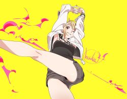 Rule 34 | 1girl, armpits, arms up, artist name, black tank top, blonde hair, breasts, brown shorts, commentary, cropped legs, from below, halterneck, henken, jacket, kicking, leg up, long sleeves, looking at viewer, medium breasts, one eye closed, original, ponytail, red eyes, short shorts, shorts, sienna (henken), signature, simple background, smile, solo, stretching, swept bangs, tank top, thighs, white jacket, yellow background