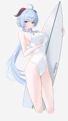 Rule 34 | 1girl, ahoge, blue hair, breasts, cleavage, clenched hand, closed mouth, competition swimsuit, copyright name, cropped legs, expressionless, ganyu (genshin impact), genshin impact, groin, highres, hip vent, horns, large breasts, logo, long hair, looking at viewer, low ponytail, medium breasts, one-piece swimsuit, purple eyes, rikui (rella2930), sideboob, sidelocks, simple background, solo, standing, surfboard, swimsuit, thighs, white background, white one-piece swimsuit