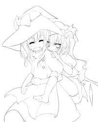 Rule 34 | 2girls, :d, ^ ^, carrying, closed eyes, dress, female focus, flandre scarlet, greyscale, kirisame marisa, kneehighs, monochrome, multiple girls, oouso, open mouth, piggyback, puffy short sleeves, puffy sleeves, short hair, short sleeves, simple background, smile, socks, touhou, white background, wings