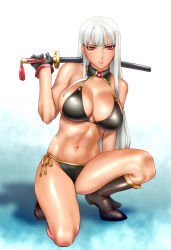 Rule 34 | 00s, 1girl, bikini, boots, breasts, gloves, large breasts, long hair, navel, red eyes, selvaria bles, senjou no valkyria (series), senjou no valkyria 1, silver hair, solo, swimsuit, sword, tan, toned, ueyama michirou, weapon