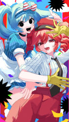 Rule 34 | 2girls, absurdres, apron, arm up, black choker, black eyes, black necktie, blue dress, blue hair, blue shirt, blue visor, bow, buttons, choker, collarbone, collared shirt, commentary, confetti, diagonal-striped bow, dress, drill hair, empty eyes, frilled apron, frilled dress, frills, gloves, hair between eyes, hatsune miku, high-waist pants, highres, kasane teto, long hair, medium hair, mesmerizer (vocaloid), multiple girls, necktie, no pupils, open mouth, pants, partially shaded face, puffy short sleeves, puffy sleeves, red bow, red eyes, red hair, red pants, red suspenders, sharp teeth, shirt, short sleeves, sidelocks, smile, standing, striped clothes, striped dress, striped shirt, suspenders, sweat, teeth, tongue, tongue out, twin drills, twintails, twitter username, two-tone shirt, urara 31 e, utau, vertical-striped clothes, vertical-striped dress, vertical-striped shirt, visor cap, vocaloid, waist apron, white apron, white bow, white shirt, yellow gloves