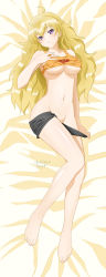 Rule 34 | 1girl, ahoge, barefoot, bed sheet, blonde hair, blush, breasts, cleavage, clothes pull, dakimakura (medium), groin, hand on own chest, highres, kimmy77, large breasts, long hair, lying, messy hair, navel, on back, purple eyes, rwby, shorts, shorts pull, signature, solo, tank top, thighs, underboob, yang xiao long
