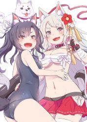 Rule 34 | 2girls, :d, animal, animal ear fluff, animal ears, animal on head, ass, azur lane, blue nails, blush, breasts, commentary, dog, eyebrows, fang, flower, hair flower, hair ornament, highres, long hair, looking at viewer, medium breasts, multiple girls, nail polish, navel, on head, one-piece swimsuit, open mouth, orange eyes, pink eyes, red nails, revision, sarashi, shigure (attack i-490!) (azur lane), shigure (azur lane), simple background, slit pupils, smile, swimsuit, symbol-only commentary, tail, tayuura (kuwo), underboob, white background, yuudachi (azur lane), yuudachi (shogun of snowballs) (azur lane)