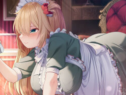 Rule 34 | 1girl, akai haato, all fours, apron, ass, blonde hair, blush, breasts, center frills, closed mouth, dress, frilled apron, frills, from side, green dress, green eyes, hair between eyes, hair ornament, heart, heart hair ornament, highres, hololive, huge breasts, indoors, large breasts, light particles, long hair, magowasabi, maid, maid headdress, one side up, short sleeves, solo, virtual youtuber