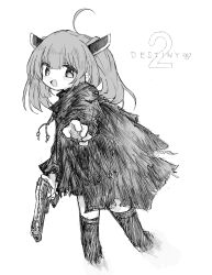 Rule 34 | 1girl, ahoge, blade, cloak, copyright name, cropped legs, destiny (game), drawstring, english text, greyscale, gun, hand up, handgun, headgear, highres, holding, holding gun, holding weapon, light blush, logo, looking at viewer, medium hair, monochrome, open mouth, outstretched hand, reitoubeef, revolver, short hair, short twintails, simple background, smile, solo, thighhighs, touhoku kiritan, turning head, twintails, upper body, voiceroid, weapon, zettai ryouiki